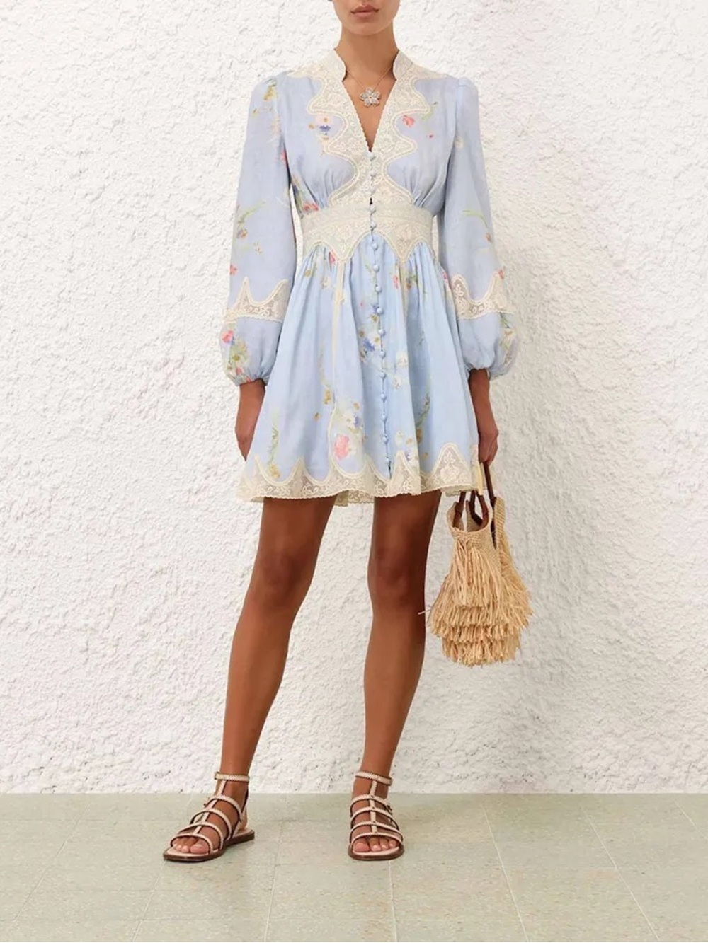 Zimmermann Blue Lucky Lace Plunge Mini Dress